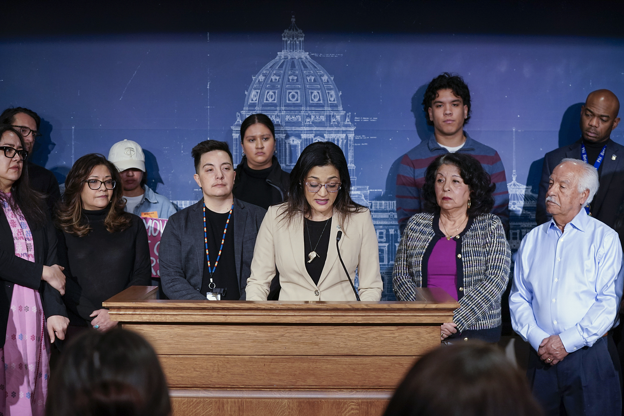 Rep. María Isa Pérez-Vega answers a question at a March 23 press conference about a proposal to repeal César Chávez Day. An investigation released last week shows the farm labor leader allegedly groomed and sexually abused girls. (Photo by Michele Jokinen)